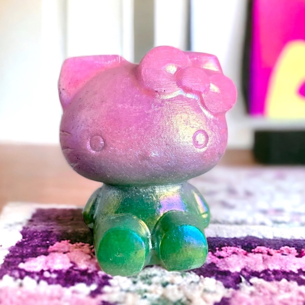 Hello Kitty Titanium Pink/Green Aura White Jade Gemstone Carved Statue